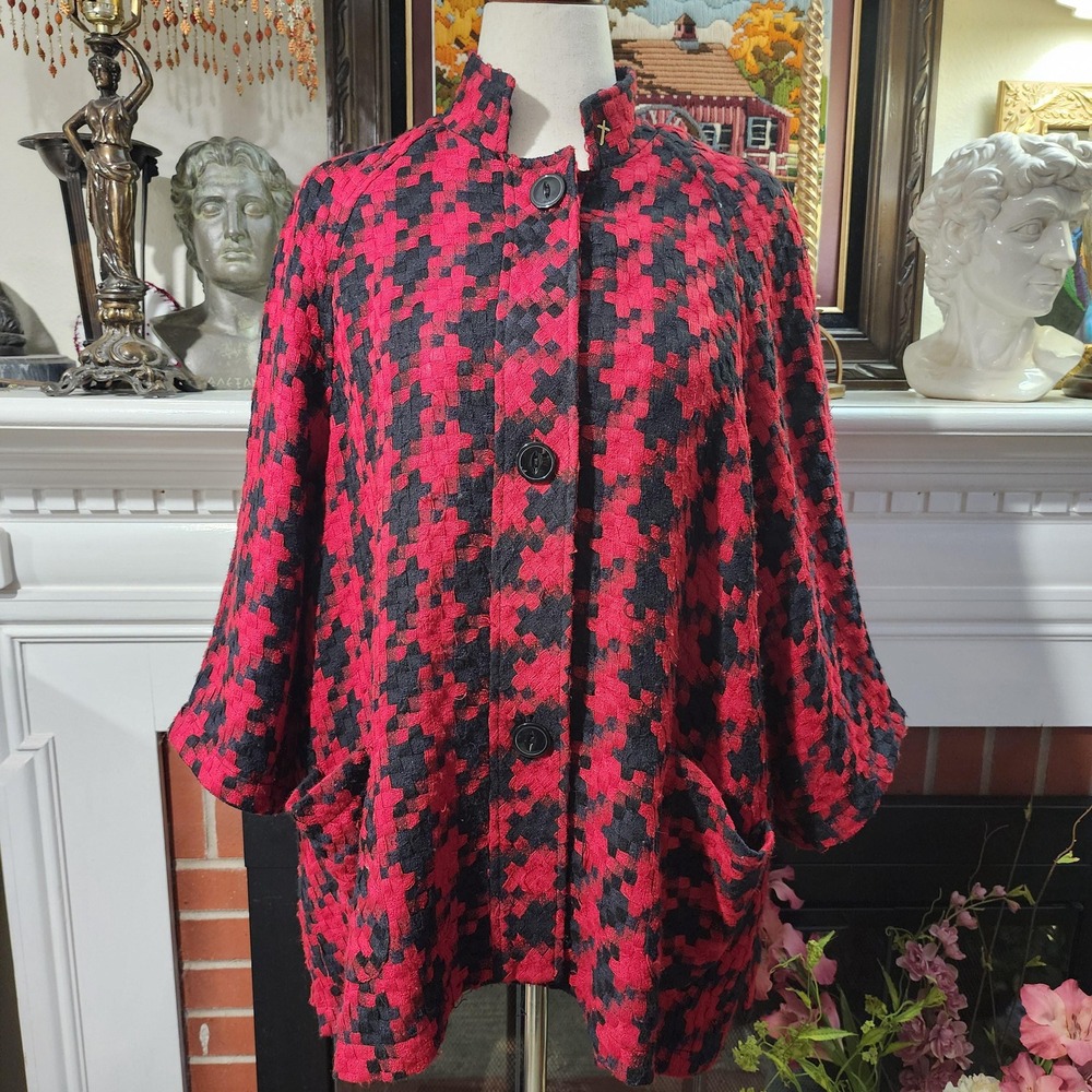 Coldwater Creek Red Black Houndstooth Poncho Coat Jacket Womens 1X Preppy Plus